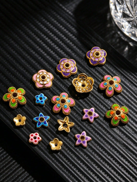 5pcs 18K Gold Plated Stainless Steel Enamel Flower Star Spacer Beads Multicolor Five-Pointed Star Loose Beads For DIY Bracelet Necklace Jewelry Making