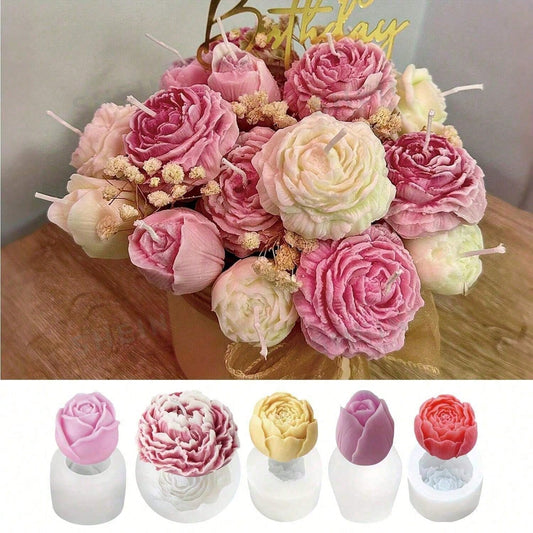 5pcs Bouquet Silicone Molds- Realistic Rose & Peony Flower Candle Molds, Suitable For Resin, Soap And Clay Crafts- DIY Wedding And Holiday Gift Making Materials- Reusable Non-Stick Home Decor Molds