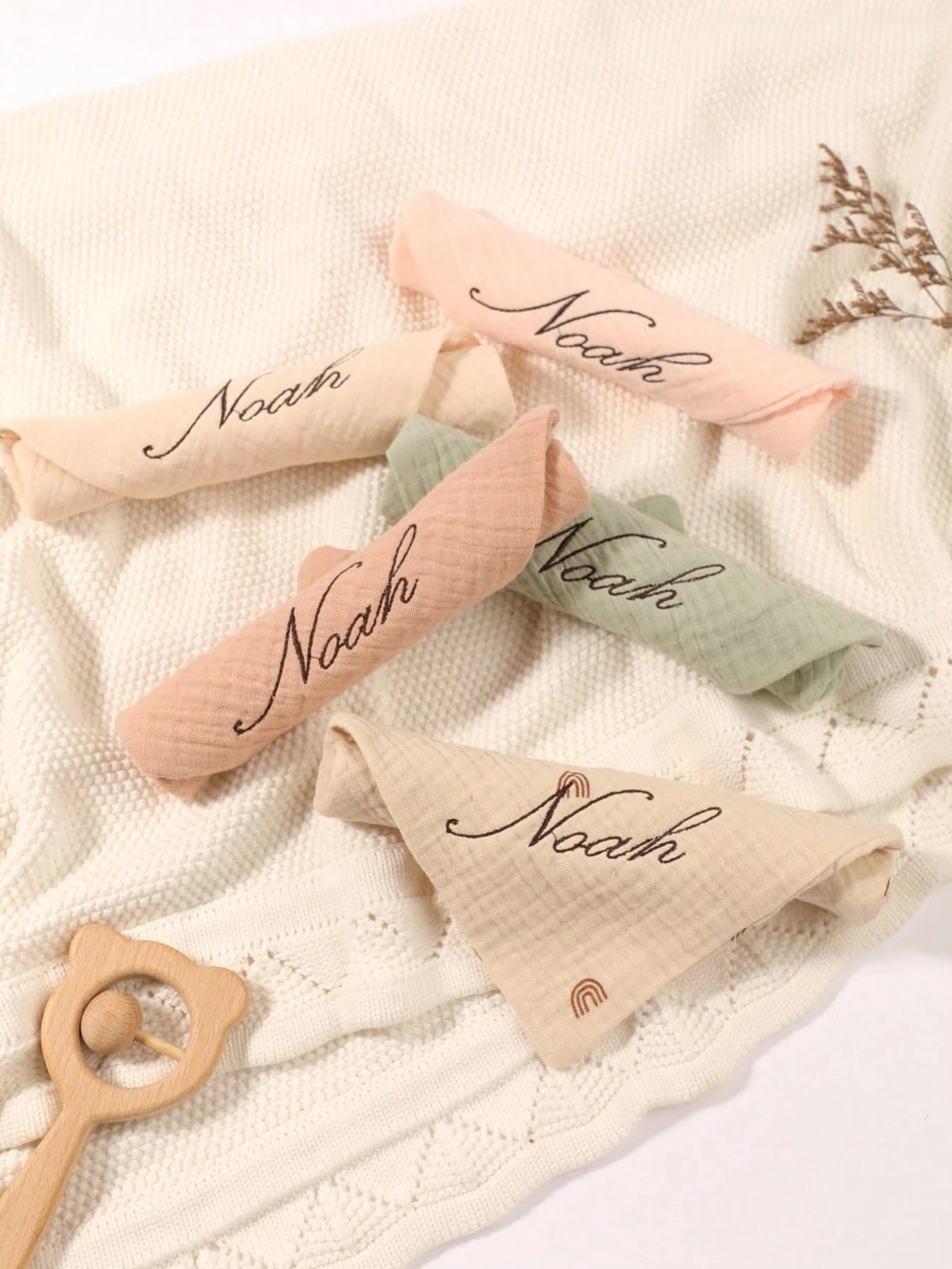 5pcs Customized Embroidered Name Baby Handkerchief Set, Pink, White, Coffee, Modigliani, Beige, Purple, Soft Absorbent Burp Cloths, Face Towels, Ideal Baby Shower Gift For Boys And Girls