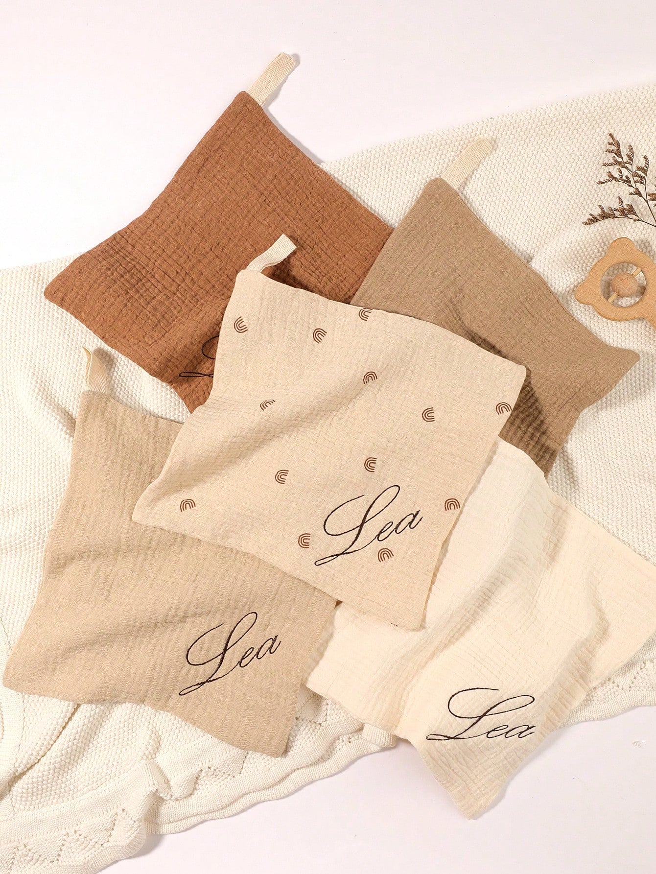 5pcs Customized Embroidered Name Baby Handkerchief Set, Pink, White, Coffee, Modigliani, Beige, Purple, Soft Absorbent Burp Cloths, Face Towels, Ideal Baby Shower Gift For Boys And Girls
