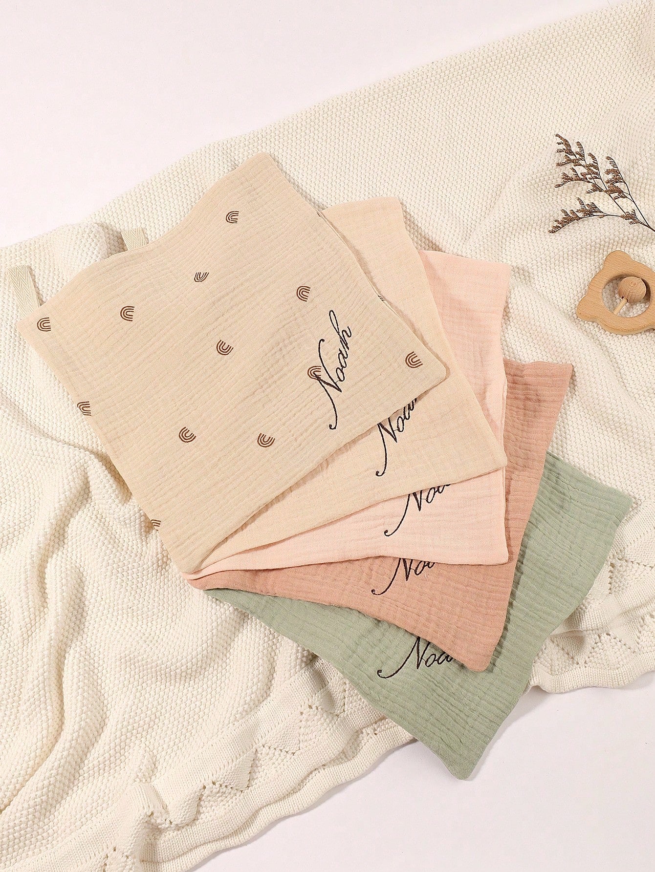 5pcs Customized Embroidered Name Baby Handkerchief Set, Pink, White, Coffee, Modigliani, Beige, Purple, Soft Absorbent Burp Cloths, Face Towels, Ideal Baby Shower Gift For Boys And Girls