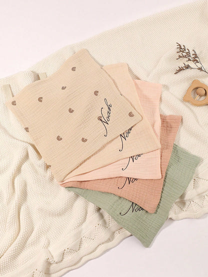 5pcs Customized Embroidered Name Baby Handkerchief Set, Pink, White, Coffee, Modigliani, Beige, Purple, Soft Absorbent Burp Cloths, Face Towels, Ideal Baby Shower Gift For Boys And Girls