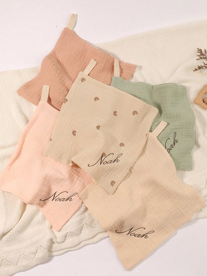 5pcs Customized Embroidered Name Baby Handkerchief Set, Pink, White, Coffee, Modigliani, Beige, Purple, Soft Absorbent Burp Cloths, Face Towels, Ideal Baby Shower Gift For Boys And Girls