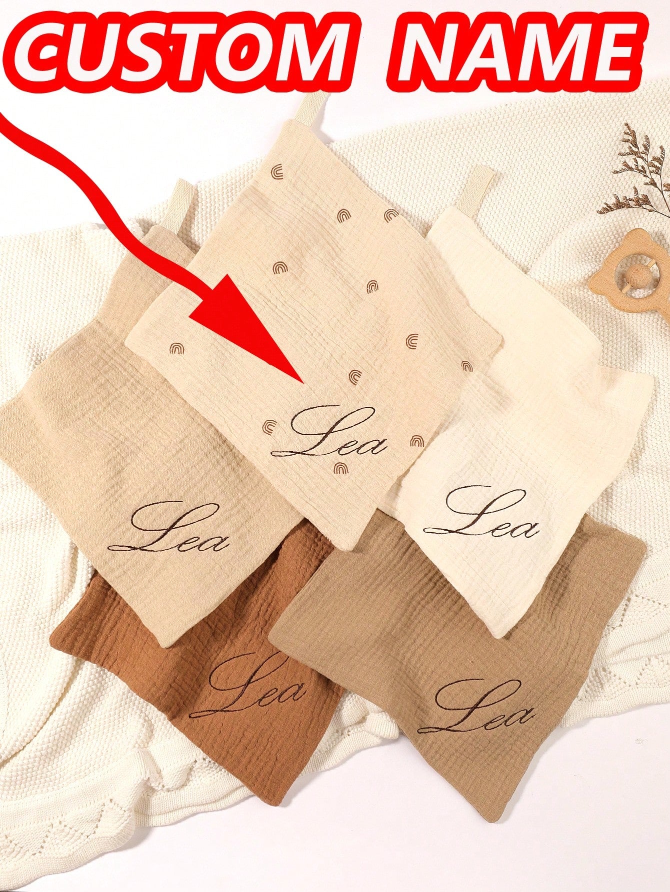 5pcs Customized Embroidered Name Baby Handkerchief Set, Pink, White, Coffee, Modigliani, Beige, Purple, Soft Absorbent Burp Cloths, Face Towels, Ideal Baby Shower Gift For Boys And Girls