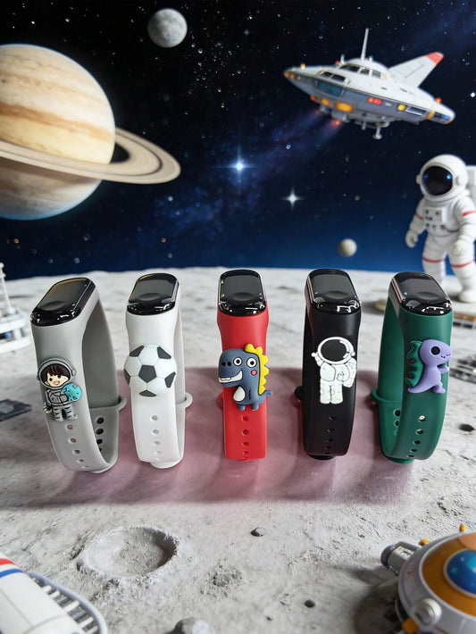 5pcs Kids Favorite Space Series LED Touch Screen Electronic Watch With Cute Cartoon Pendant Decoration- 5 Patterns, Soft & Skin-Friendly Sports Bracelet, Suitable For Christmas, Children's Day, Birth
