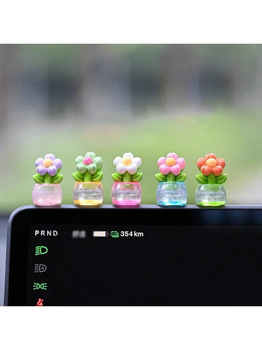 5pcs Random Color Cute Mini Flower Pot Car Dashboard Screen Decor Accessories