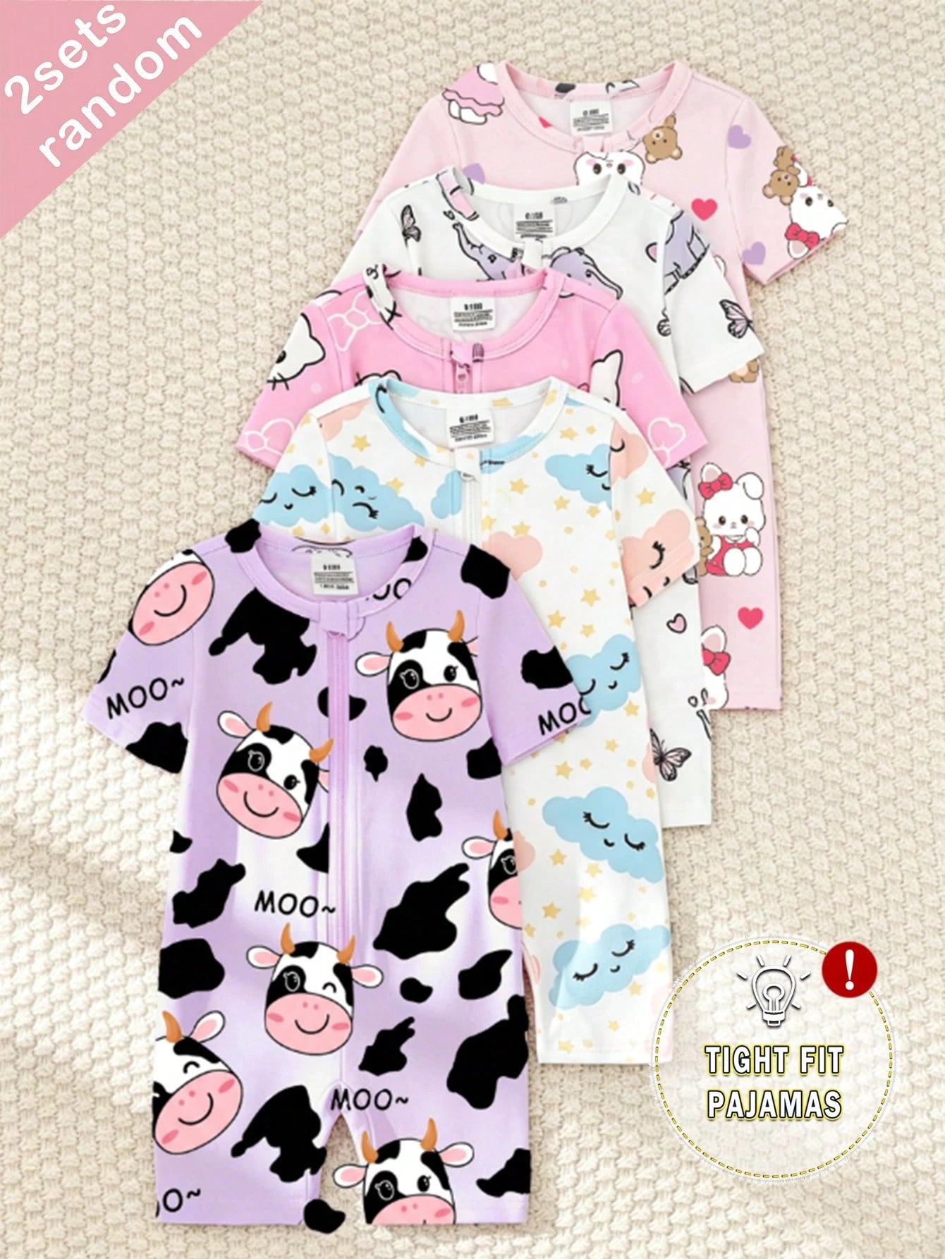 5pcs/Set Random Blind Box, 2pcs Baby Girls' 2-Piece Set Includes Short Sleeve Tops And Shorts, Light Pink, Purple, White, Heart, Cat, Rabbit, Cow, Cloud, Star, Elephant Cute All-Over Print, Casual, St