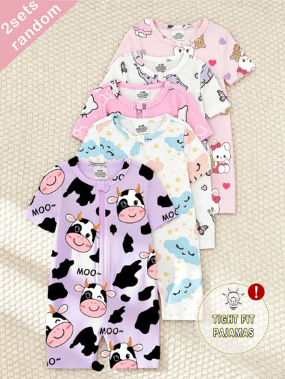 5pcs/Set Random Blind Box, 2pcs Baby Girls' 2-Piece Set Includes Short Sleeve Tops And Shorts, Light Pink, Purple, White, Heart, Cat, Rabbit, Cow, Cloud, Star, Elephant Cute All-Over Print, Casual, St