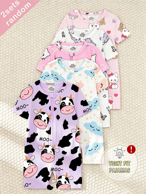5pcs/Set Random Blind Box, 2pcs Baby Girls' 2-Piece Set Includes Short Sleeve Tops And Shorts, Light Pink, Purple, White, Heart, Cat, Rabbit, Cow, Cloud, Star, Elephant Cute All-Over Print, Casual, St