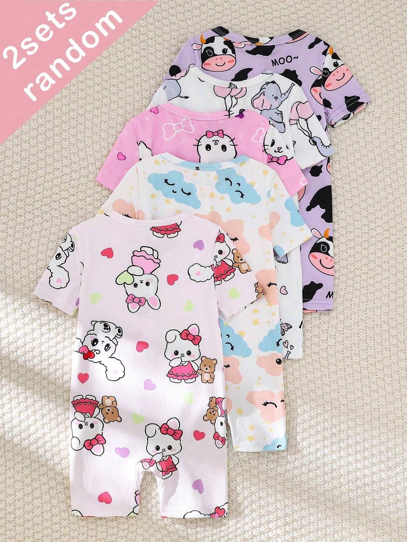 5pcs/Set Random Blind Box, 2pcs Baby Girls' 2-Piece Set Includes Short Sleeve Tops And Shorts, Light Pink, Purple, White, Heart, Cat, Rabbit, Cow, Cloud, Star, Elephant Cute All-Over Print, Casual, St