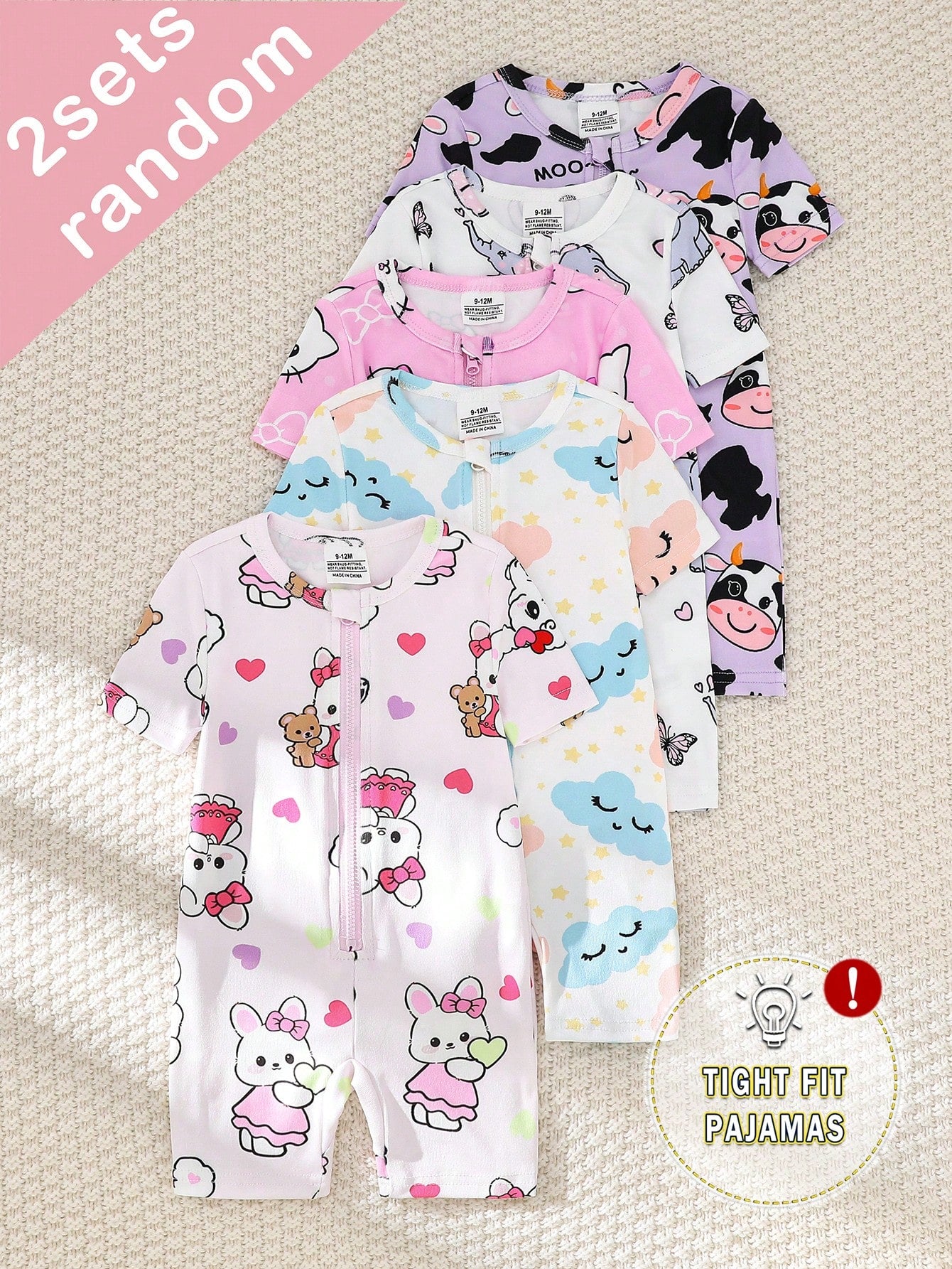 5pcs/Set Random Blind Box, 2pcs Baby Girls' 2-Piece Set Includes Short Sleeve Tops And Shorts, Light Pink, Purple, White, Heart, Cat, Rabbit, Cow, Cloud, Star, Elephant Cute All-Over Print, Casual, St