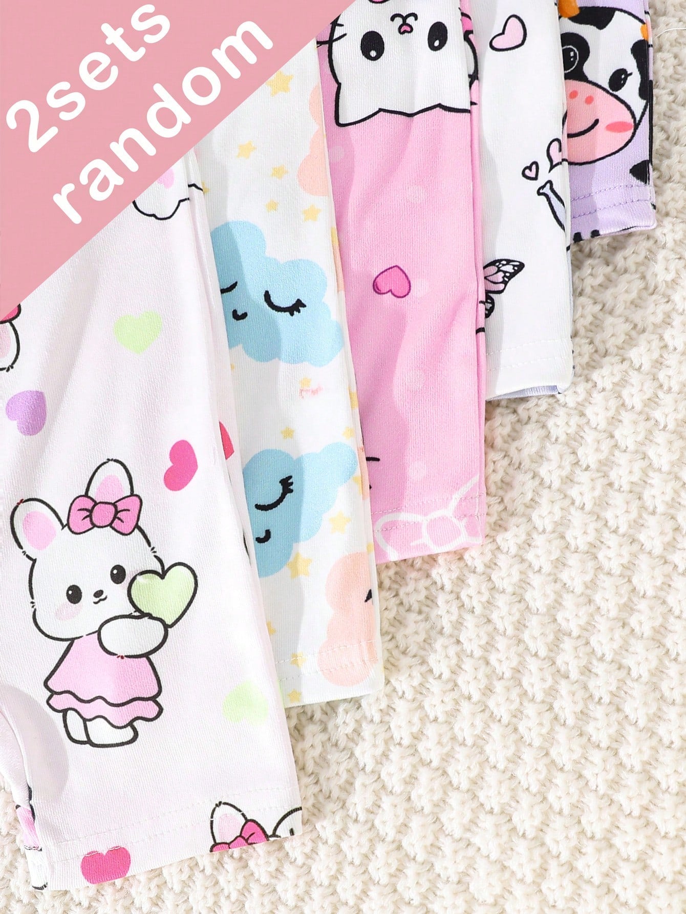 5pcs/Set Random Blind Box, 2pcs Baby Girls' 2-Piece Set Includes Short Sleeve Tops And Shorts, Light Pink, Purple, White, Heart, Cat, Rabbit, Cow, Cloud, Star, Elephant Cute All-Over Print, Casual, St