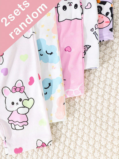 5pcs/Set Random Blind Box, 2pcs Baby Girls' 2-Piece Set Includes Short Sleeve Tops And Shorts, Light Pink, Purple, White, Heart, Cat, Rabbit, Cow, Cloud, Star, Elephant Cute All-Over Print, Casual, St