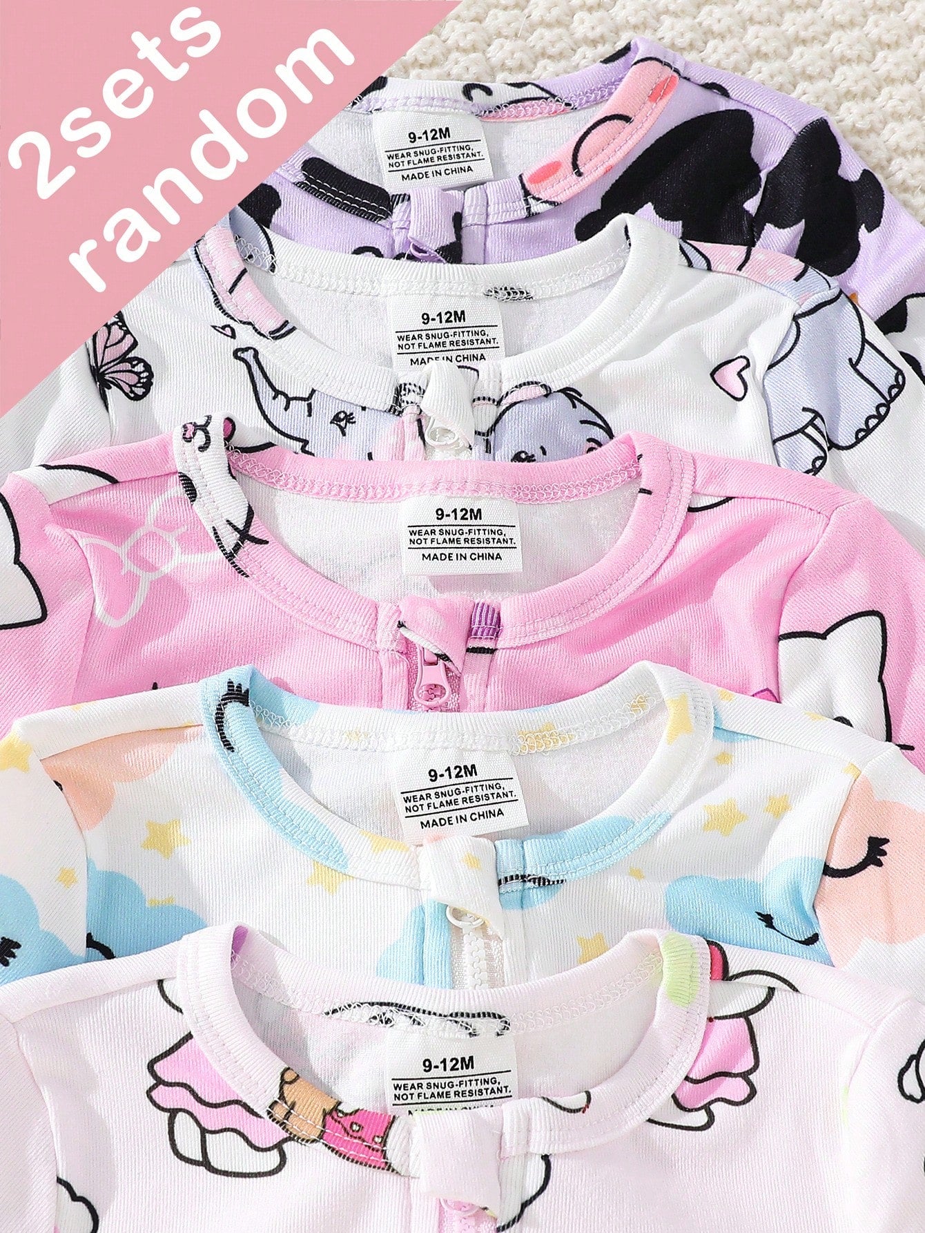 5pcs/Set Random Blind Box, 2pcs Baby Girls' 2-Piece Set Includes Short Sleeve Tops And Shorts, Light Pink, Purple, White, Heart, Cat, Rabbit, Cow, Cloud, Star, Elephant Cute All-Over Print, Casual, St