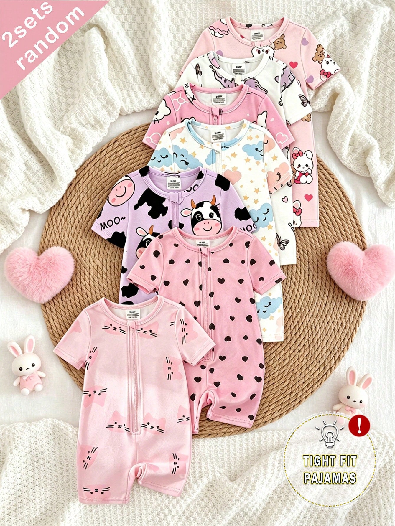 5pcs/Set Random Blind Box, 2pcs Baby Girls' 2-Piece Set Includes Short Sleeve Tops And Shorts, Light Pink, Purple, White, Heart, Cat, Rabbit, Cow, Cloud, Star, Elephant Cute All-Over Print, Casual, St