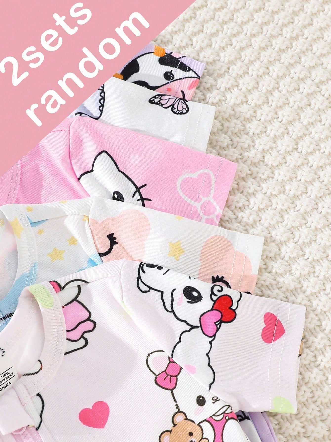 5pcs/Set Random Blind Box, 2pcs Baby Girls' 2-Piece Set Includes Short Sleeve Tops And Shorts, Light Pink, Purple, White, Heart, Cat, Rabbit, Cow, Cloud, Star, Elephant Cute All-Over Print, Casual, St