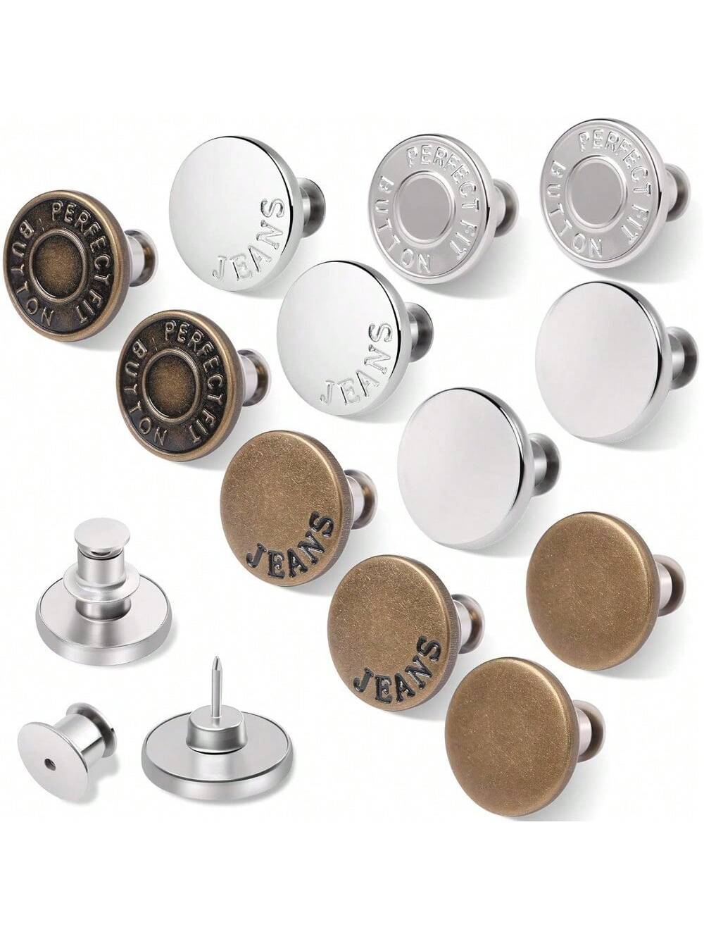 6/12 Pcs Button Pins For Loose Jeans Pants, No Sew And No Tools Perfect Fit Jean Button Tightener Replacement Adjustable Reusable Metal Clips Snap Tack, Instant Reduce Too Big Pants Waist