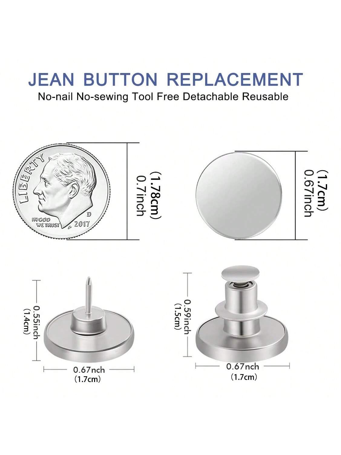 6/12 Pcs Button Pins For Loose Jeans Pants, No Sew And No Tools Perfect Fit Jean Button Tightener Replacement Adjustable Reusable Metal Clips Snap Tack, Instant Reduce Too Big Pants Waist