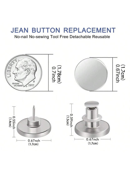 6/12 Pcs Button Pins For Loose Jeans Pants, No Sew And No Tools Perfect Fit Jean Button Tightener Replacement Adjustable Reusable Metal Clips Snap Tack, Instant Reduce Too Big Pants Waist