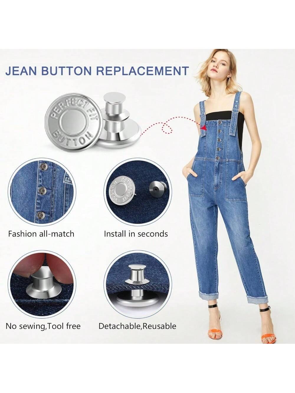 6/12 Pcs Button Pins For Loose Jeans Pants, No Sew And No Tools Perfect Fit Jean Button Tightener Replacement Adjustable Reusable Metal Clips Snap Tack, Instant Reduce Too Big Pants Waist