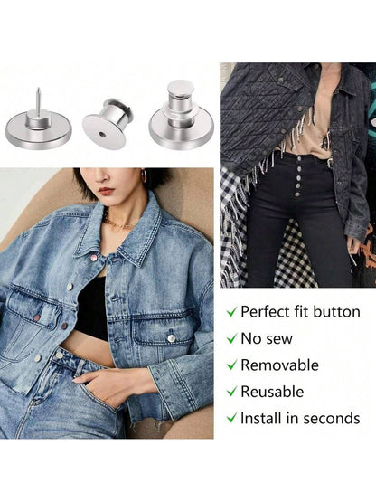 6/12 Pcs Button Pins For Loose Jeans Pants, No Sew And No Tools Perfect Fit Jean Button Tightener Replacement Adjustable Reusable Metal Clips Snap Tack, Instant Reduce Too Big Pants Waist