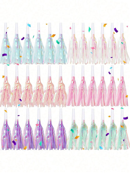 6/24/36pcs Party Blowout Whistles, Shiny Metallic Tassel Party Horns, Suitable For Birthday, Graduation, Sports Party, Baby Shower And Other Occasions