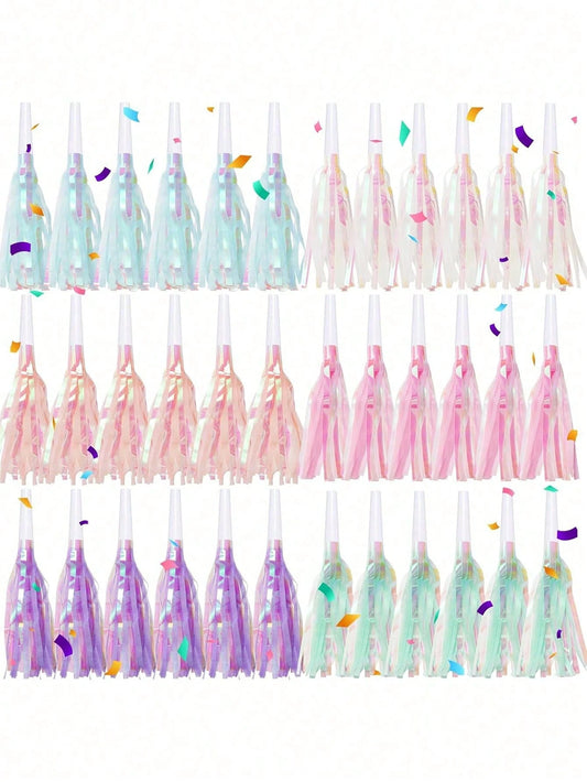 6/24/36pcs Party Blowout Whistles, Shiny Metallic Tassel Party Horns, Suitable For Birthday, Graduation, Sports Party, Baby Shower And Other Occasions