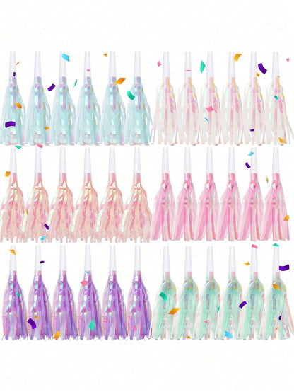 6/24/36pcs Party Blowout Whistles, Shiny Metallic Tassel Party Horns, Suitable For Birthday, Graduation, Sports Party, Baby Shower And Other Occasions