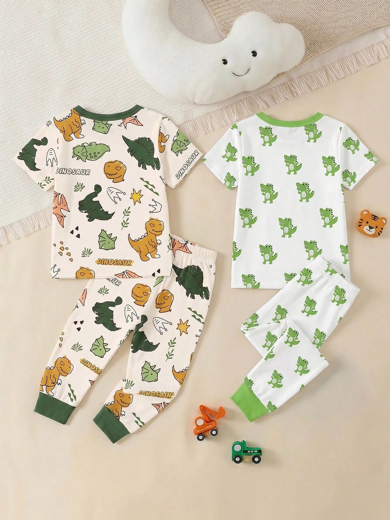 6 Sets, Get 2 Sets Random Baby Boy Casual Simple Slim Fit Round Neck Comfortable Short Sleeve Long Pants Home Wear Multi-Piece Set Suitable For Spring And Summer, Snug Fit, Tight Fit, Classic Cute Han