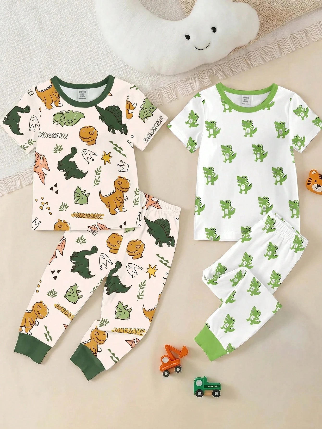 6 Sets, Get 2 Sets Random Baby Boy Casual Simple Slim Fit Round Neck Comfortable Short Sleeve Long Pants Home Wear Multi-Piece Set Suitable For Spring And Summer, Snug Fit, Tight Fit, Classic Cute Han