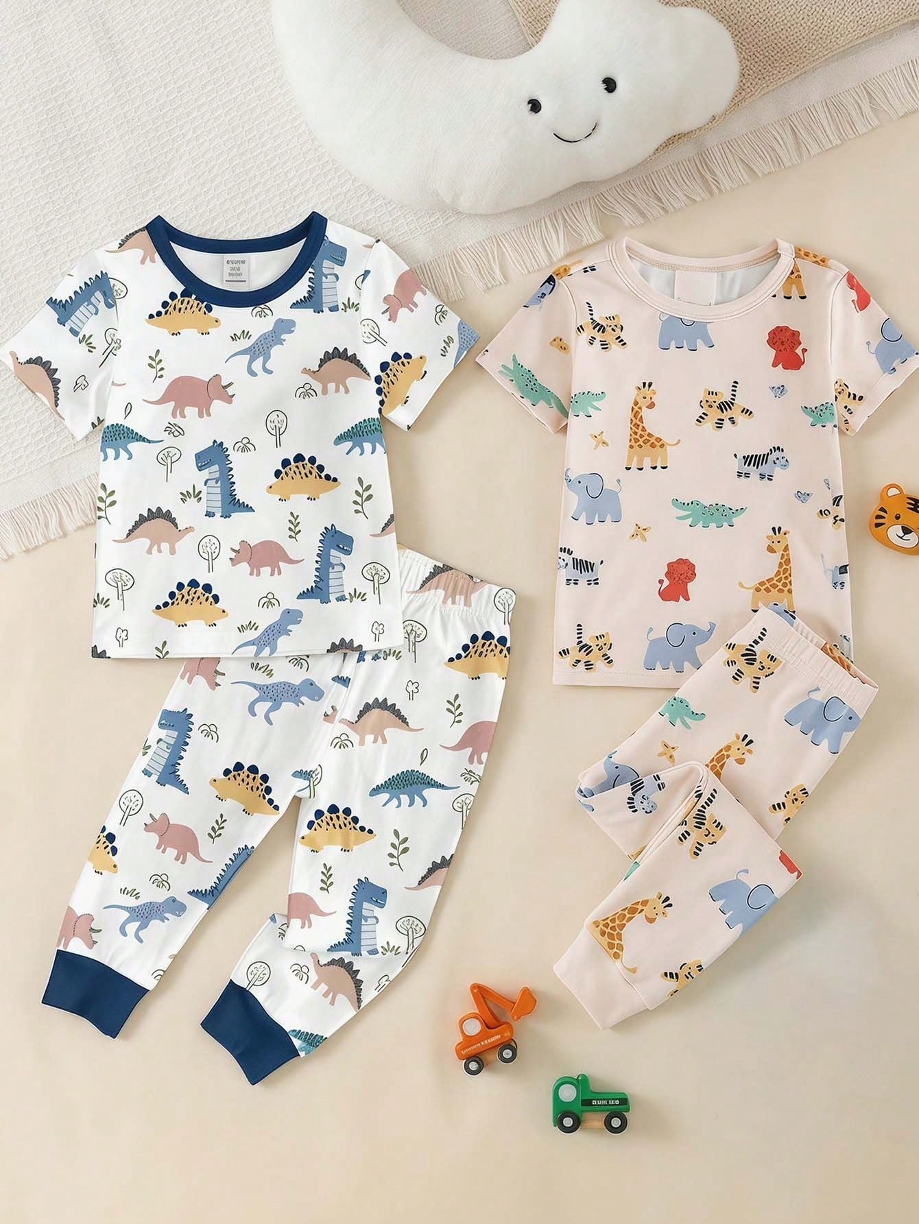 6 Sets, Get 2 Sets Random Baby Boy Casual Simple Slim Fit Round Neck Comfortable Short Sleeve Long Pants Home Wear Multi-Piece Set Suitable For Spring And Summer, Snug Fit, Tight Fit, Classic Cute Han