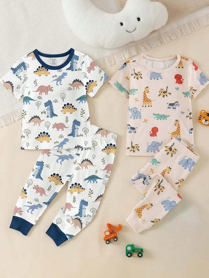 6 Sets, Get 2 Sets Random Baby Boy Casual Simple Slim Fit Round Neck Comfortable Short Sleeve Long Pants Home Wear Multi-Piece Set Suitable For Spring And Summer, Snug Fit, Tight Fit, Classic Cute Han