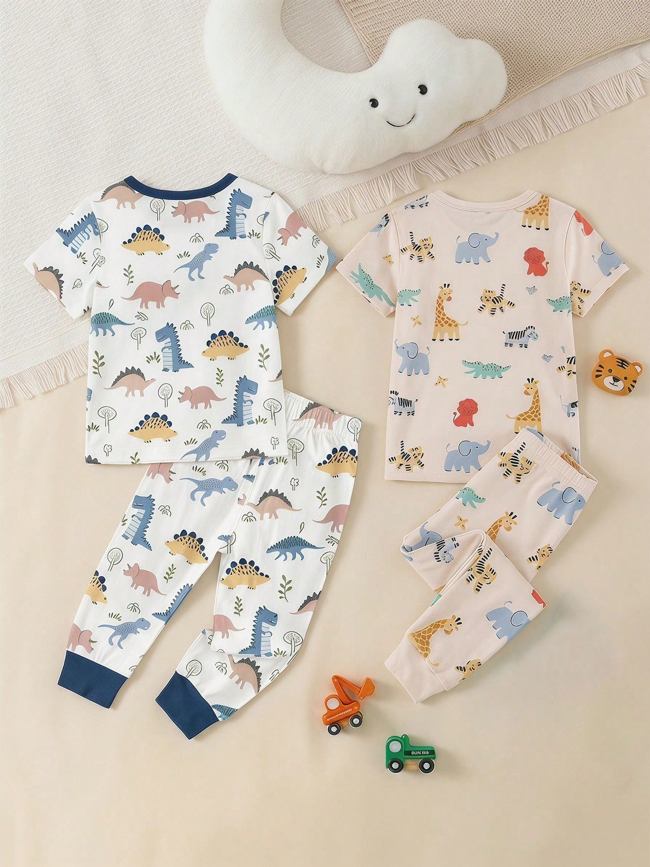 6 Sets, Get 2 Sets Random Baby Boy Casual Simple Slim Fit Round Neck Comfortable Short Sleeve Long Pants Home Wear Multi-Piece Set Suitable For Spring And Summer, Snug Fit, Tight Fit, Classic Cute Han
