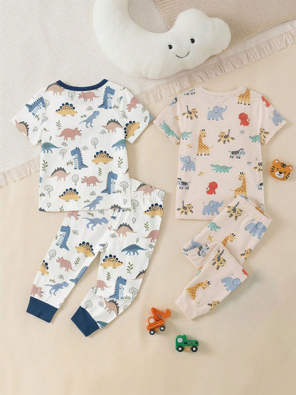 6 Sets, Get 2 Sets Random Baby Boy Casual Simple Slim Fit Round Neck Comfortable Short Sleeve Long Pants Home Wear Multi-Piece Set Suitable For Spring And Summer, Snug Fit, Tight Fit, Classic Cute Han