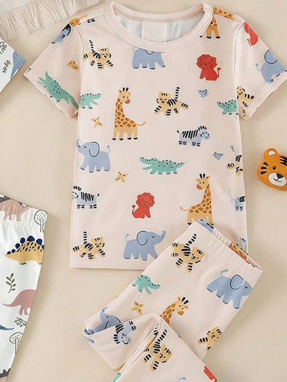 6 Sets, Get 2 Sets Random Baby Boy Casual Simple Slim Fit Round Neck Comfortable Short Sleeve Long Pants Home Wear Multi-Piece Set Suitable For Spring And Summer, Snug Fit, Tight Fit, Classic Cute Han