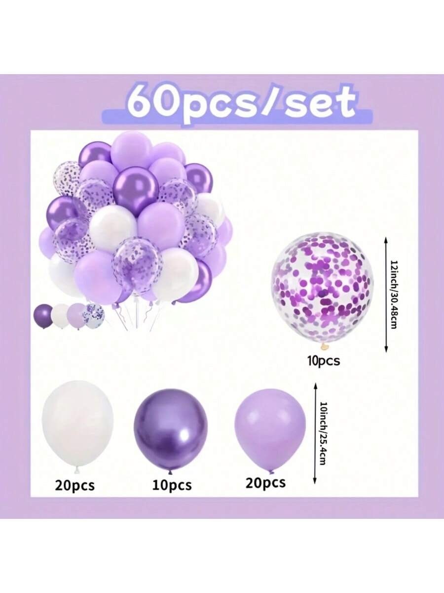 60pcs Lavender Purple Balloon Set, White Balloons, Metallic Purple, Light Purple Lavender, Lilac Paper Confetti Latex Balloon Kit For Birthday, Baby Shower, Wedding Party Decoration, Baby Shower Gift