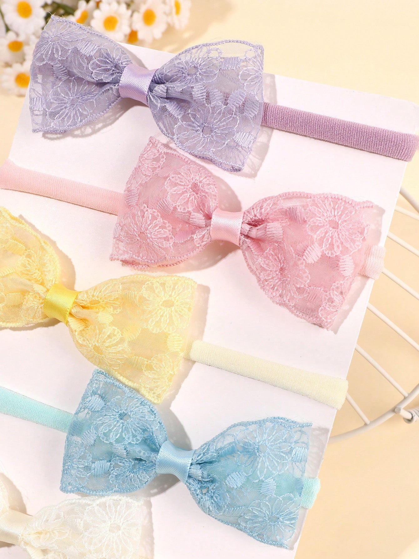 6pcs Baby Colorful Tulle Lace Flowers Headband,Nylon Breathable And Comfortable Hair Band,Sweet Hair Accessories Summer Holiday Essential Party Gifts
