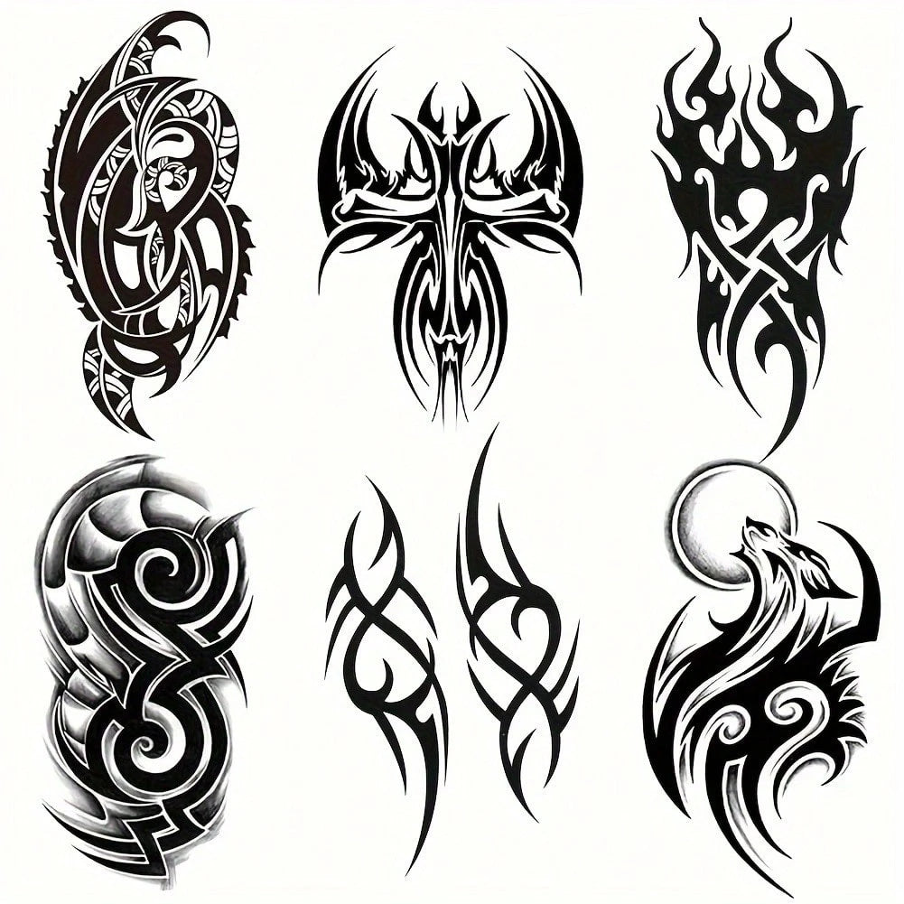 6pcs Black Personalized Arm Temporary Tattoo, For Men And Women Adults, Large Half Arm Sleeve Tattoo Stickers, Waterproof Realistic Body Art Stickers
