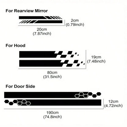 6pcs Car Hood Engine Stickers, Racing Sport Decals, Car Tuning Striped, Plaid, Geometric Patterns, Glossy Surface, Self-Adhesive For One-Time Use On Plastic, Glass, Metal Surfaces, Bumper Stickers