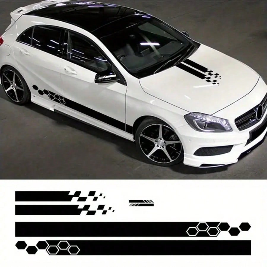 6pcs Car Hood Engine Stickers, Racing Sport Decals, Car Tuning Striped, Plaid, Geometric Patterns, Glossy Surface, Self-Adhesive For One-Time Use On Plastic, Glass, Metal Surfaces, Bumper Stickers