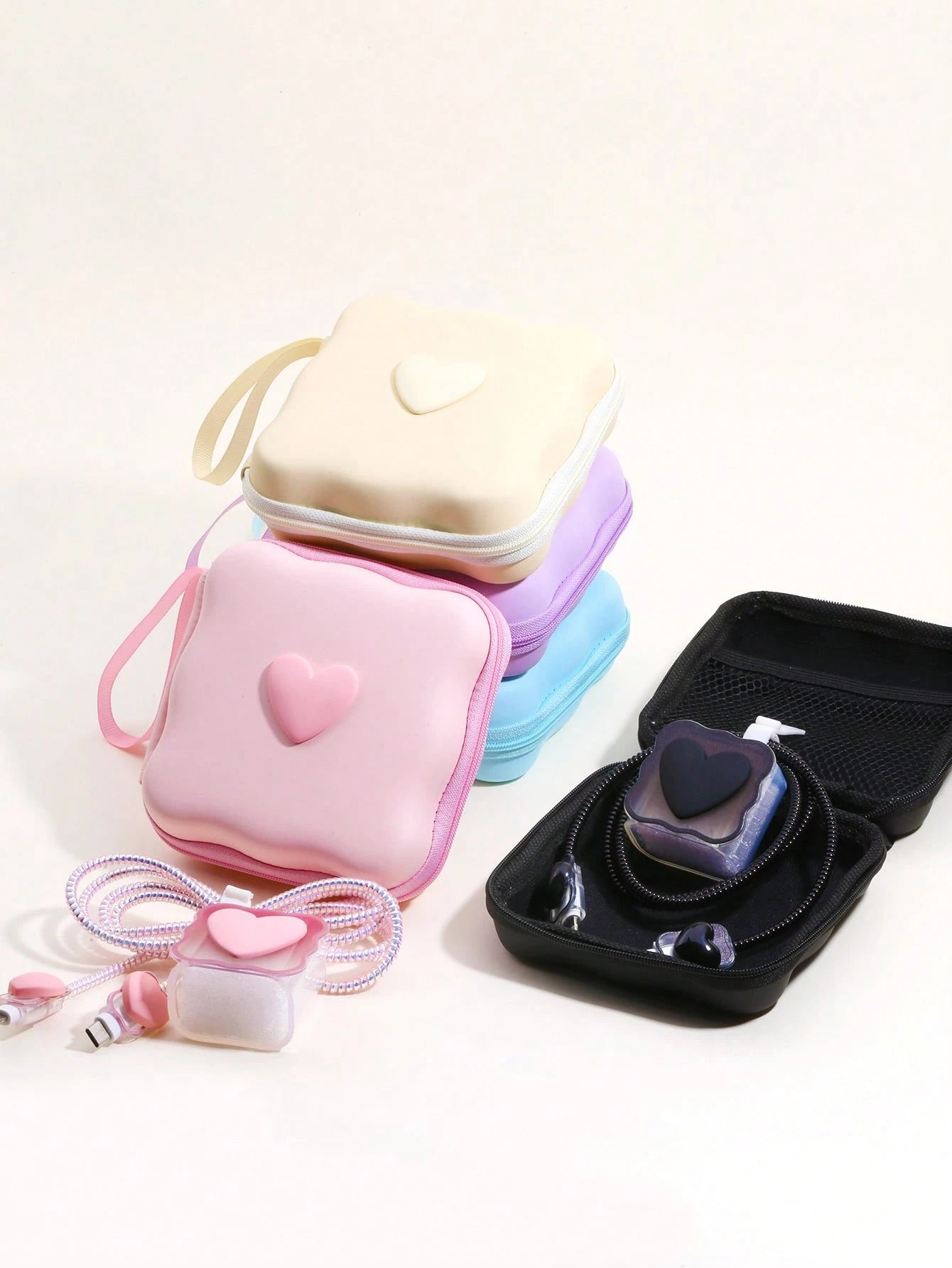 6pcs Cute 3D Heart Wave + EVA Storage Pouch Set, Charger Protection Case, Data Cable Organizer Kit, Compatible With IPhone 12 14 15 16 18/20W Fast Charging Cable