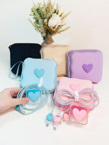 6pcs Cute 3D Heart Wave + EVA Storage Pouch Set, Charger Protection Case, Data Cable Organizer Kit, Compatible With IPhone 12 14 15 16 18/20W Fast Charging Cable