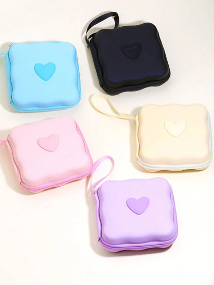 6pcs Cute 3D Heart Wave + EVA Storage Pouch Set, Charger Protection Case, Data Cable Organizer Kit, Compatible With IPhone 12 14 15 16 18/20W Fast Charging Cable