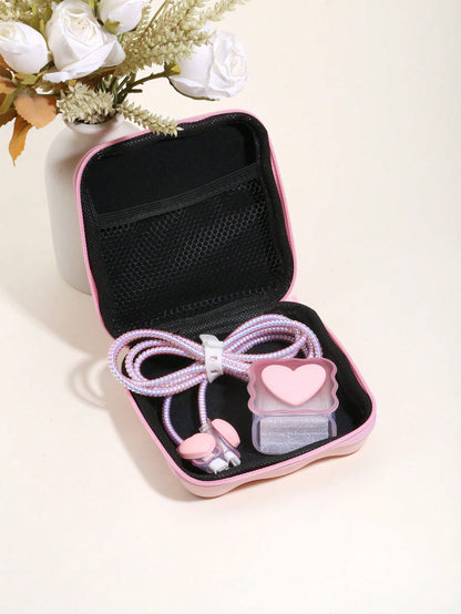 6pcs Cute 3D Heart Wave + EVA Storage Pouch Set, Charger Protection Case, Data Cable Organizer Kit, Compatible With IPhone 12 14 15 16 18/20W Fast Charging Cable