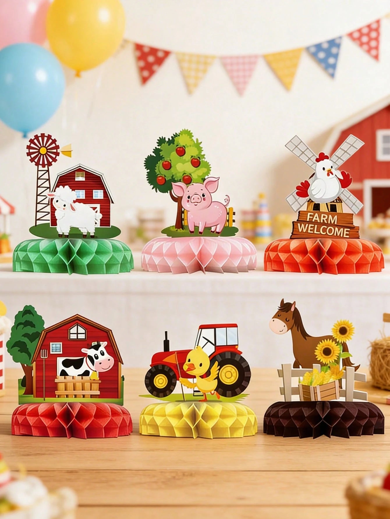 6pcs Farm Animal Honeycomb Centerpieces, Paper Tabletop Decor, Birthday Party Decorations, Rustic Farm Party Backdrop, Animal Theme Birthday Decor, Cartoon Animal Design Honeycomb Decor Set, Baby Show
