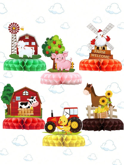 6pcs Farm Animal Honeycomb Centerpieces, Paper Tabletop Decor, Birthday Party Decorations, Rustic Farm Party Backdrop, Animal Theme Birthday Decor, Cartoon Animal Design Honeycomb Decor Set, Baby Show
