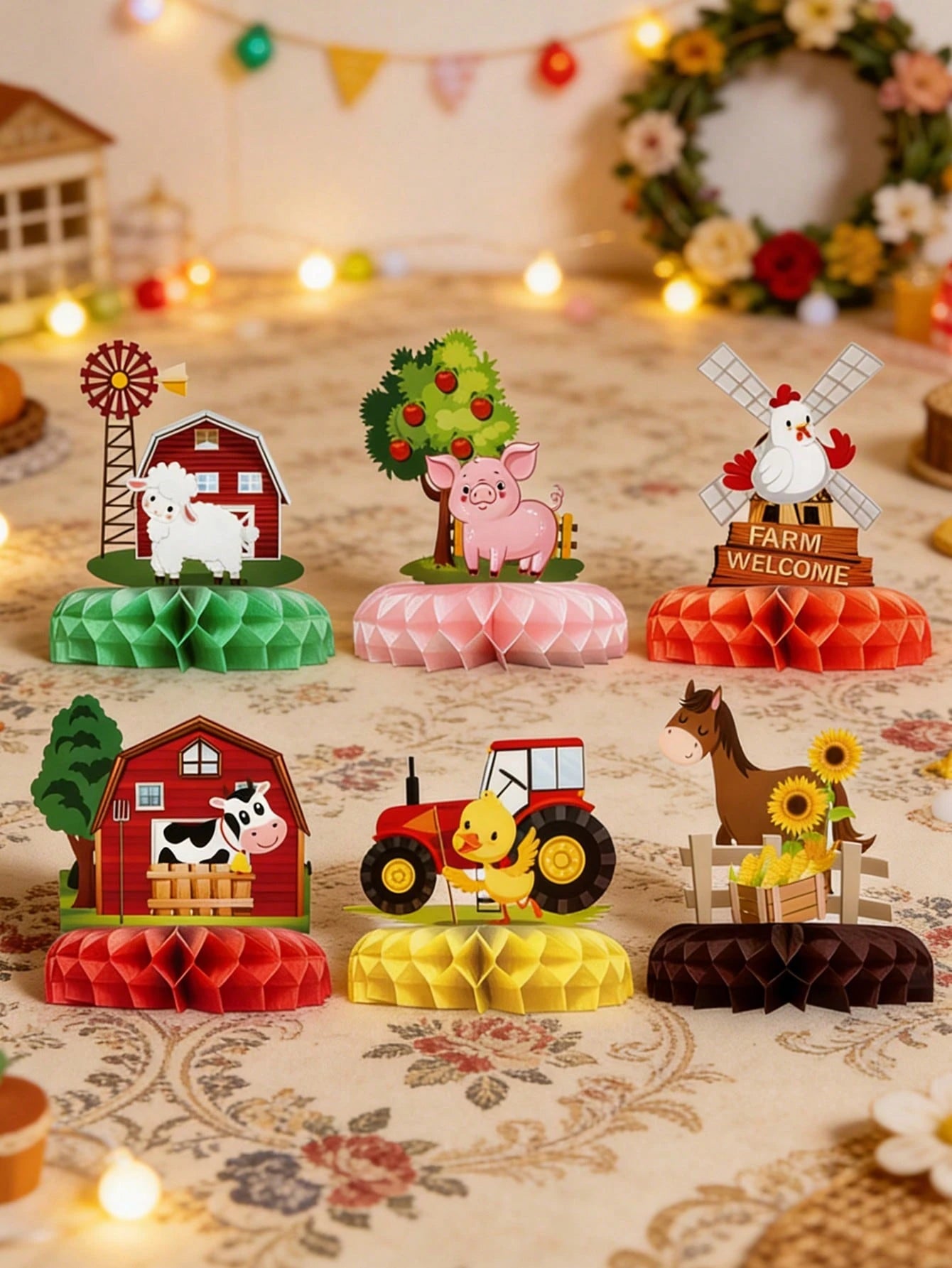 6pcs Farm Animal Honeycomb Centerpieces, Paper Tabletop Decor, Birthday Party Decorations, Rustic Farm Party Backdrop, Animal Theme Birthday Decor, Cartoon Animal Design Honeycomb Decor Set, Baby Show