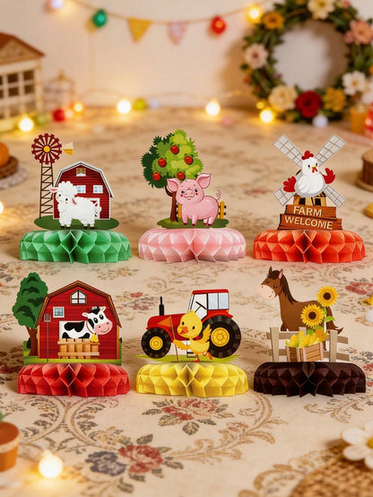 6pcs Farm Animal Honeycomb Centerpieces, Paper Tabletop Decor, Birthday Party Decorations, Rustic Farm Party Backdrop, Animal Theme Birthday Decor, Cartoon Animal Design Honeycomb Decor Set, Baby Show
