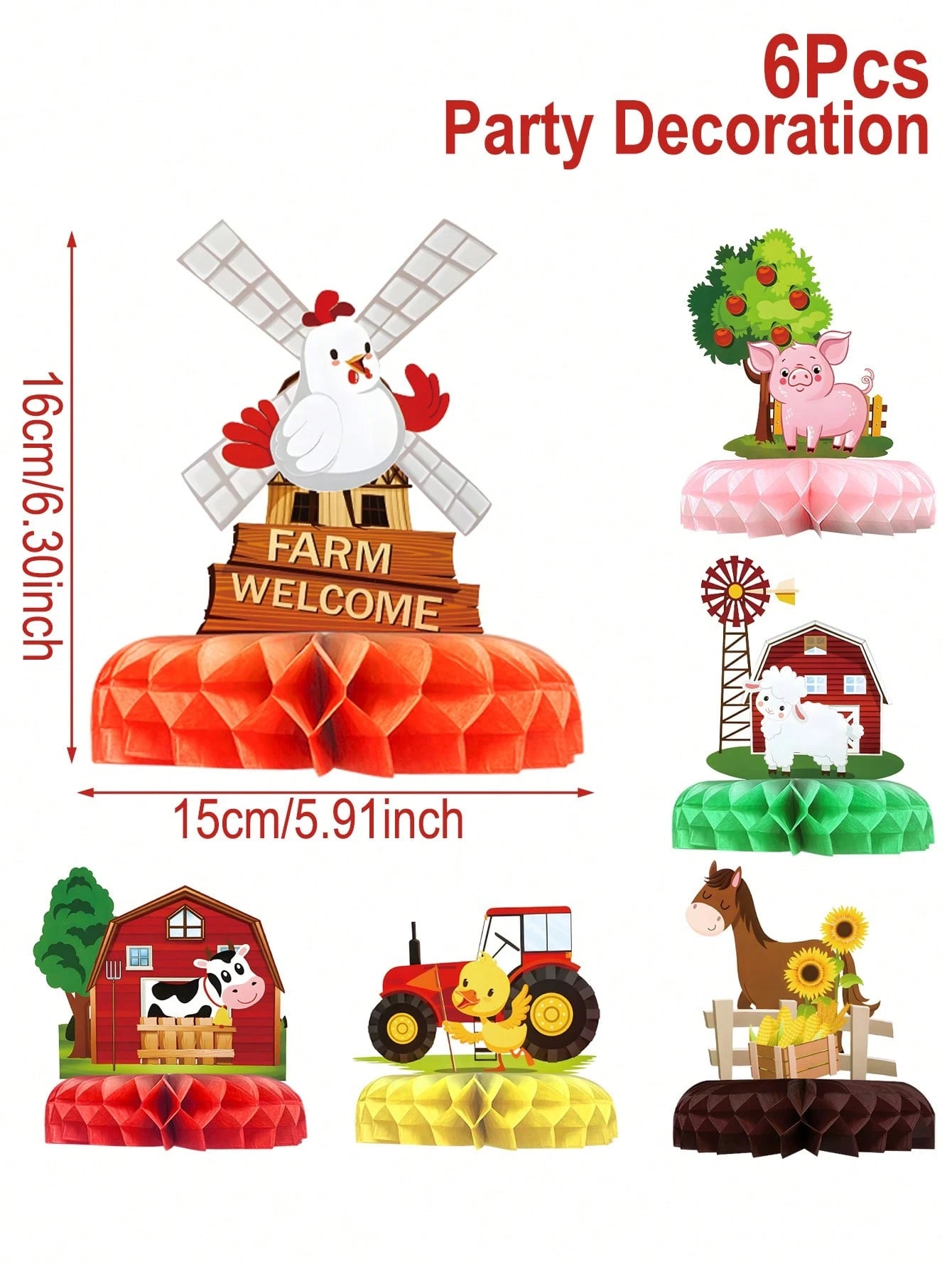 6pcs Farm Animal Honeycomb Centerpieces, Paper Tabletop Decor, Birthday Party Decorations, Rustic Farm Party Backdrop, Animal Theme Birthday Decor, Cartoon Animal Design Honeycomb Decor Set, Baby Show