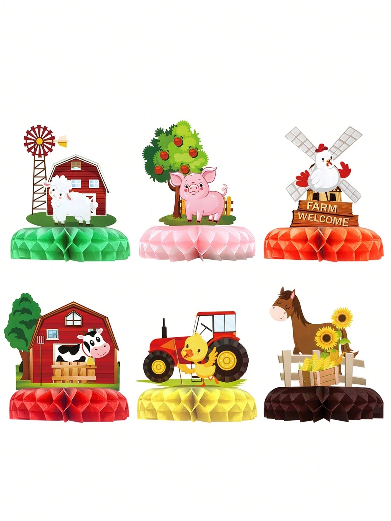 6pcs Farm Animal Honeycomb Centerpieces, Paper Tabletop Decor, Birthday Party Decorations, Rustic Farm Party Backdrop, Animal Theme Birthday Decor, Cartoon Animal Design Honeycomb Decor Set, Baby Show